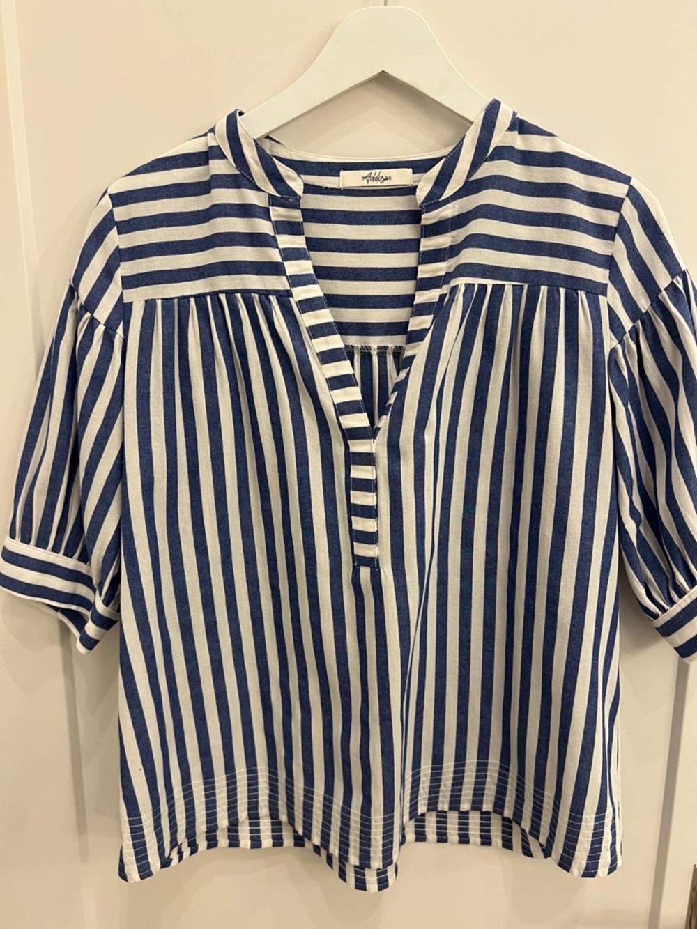 Addison Striped Blue and White Split-Neck Peasant Blouse